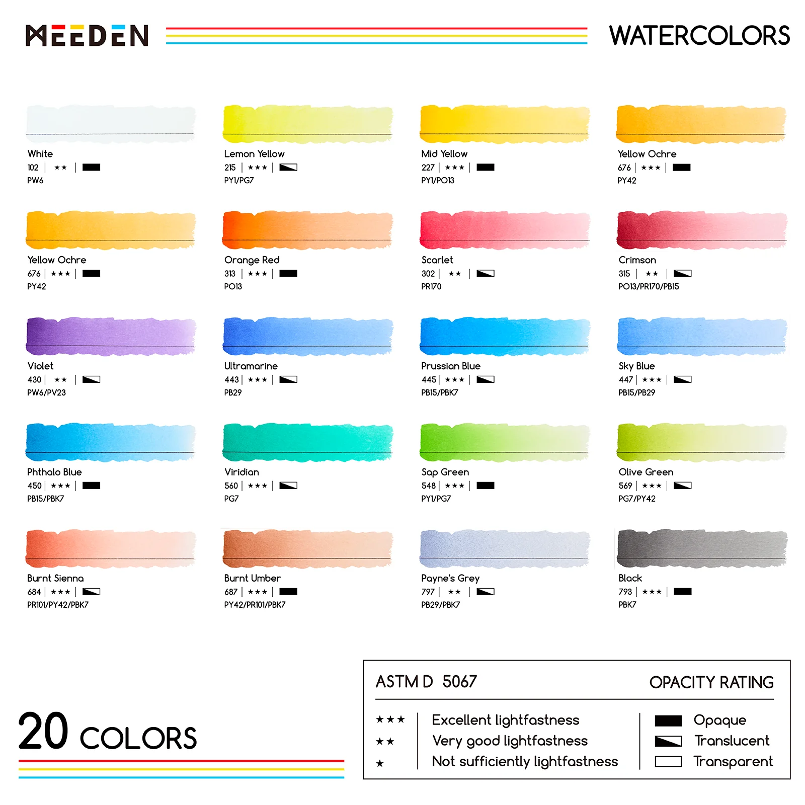 MEEDEN Professional Artist Watercolor Paint 20 Colors, 15ml - Image 2